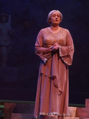 Alex Walley, tenor, on stage singing the role of Nutrice in The Coronation of Poppea, opera