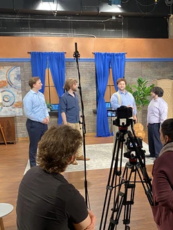 Alex Walley, tenor, recording barbershop quartet in Binghamton's WSKG-TV studio for PBS commercial